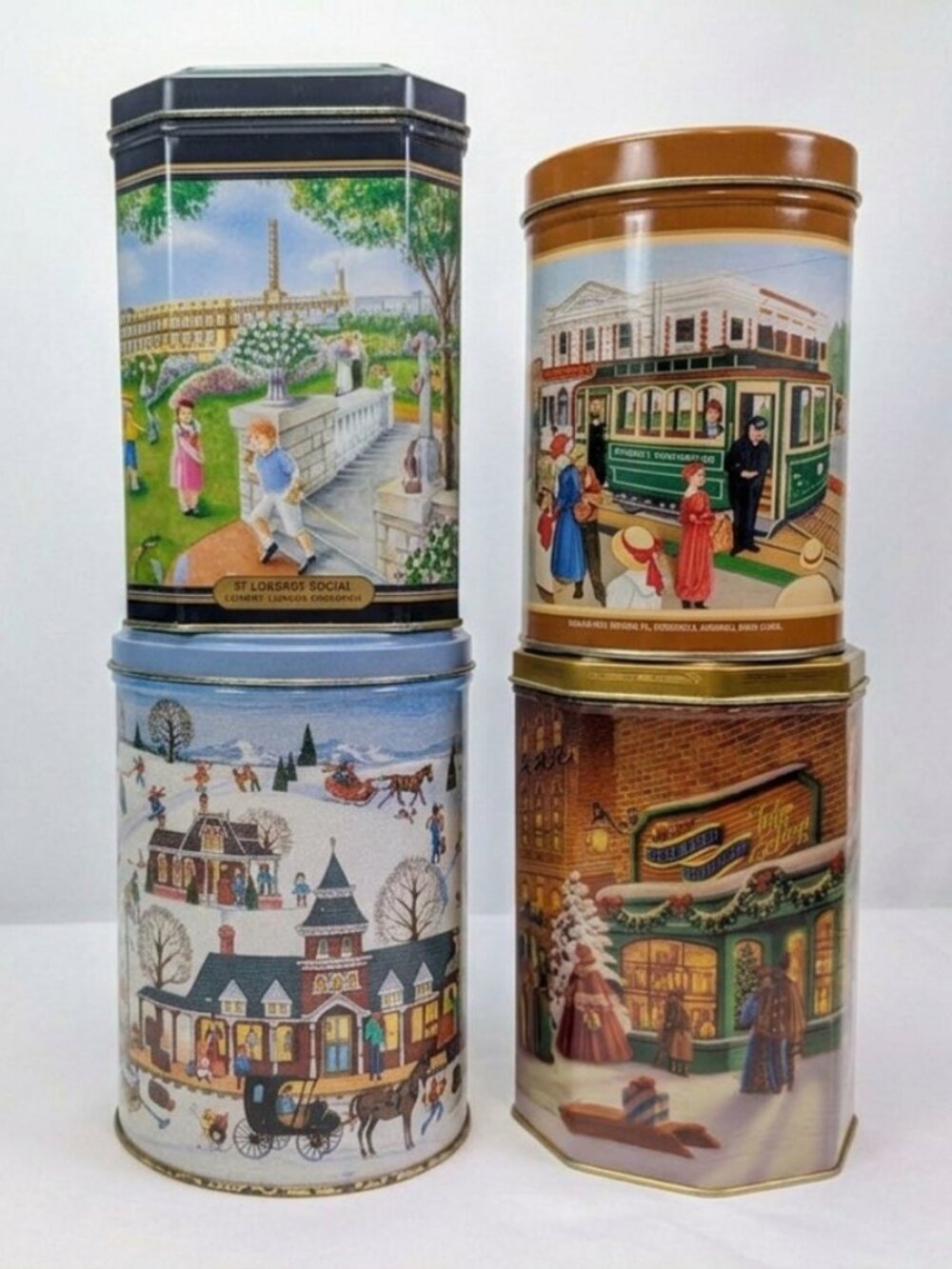 Vintage (4) Tins Americana Nostalgic City Country Town Storefront Decor Storage